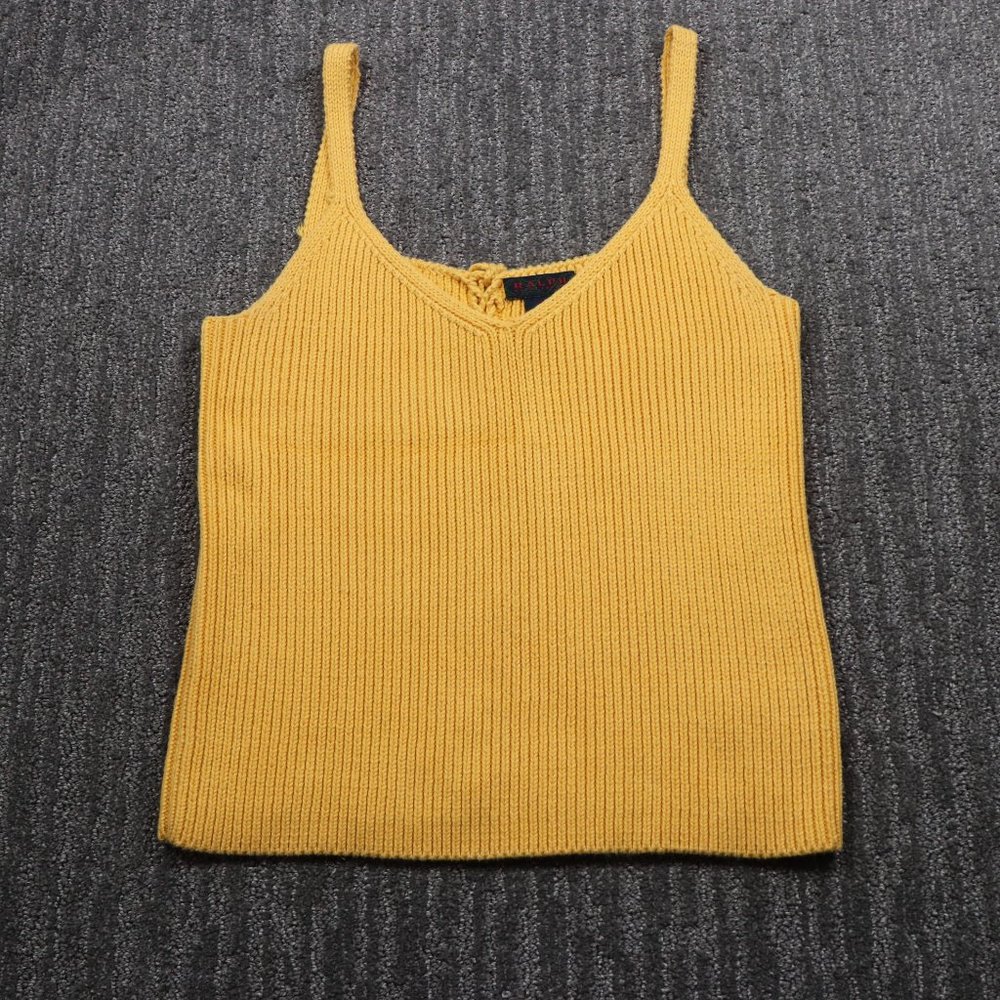Rare Ralph Lauren Womens Yellow Knit Tank Top Large Lace Up Back Cottagecore